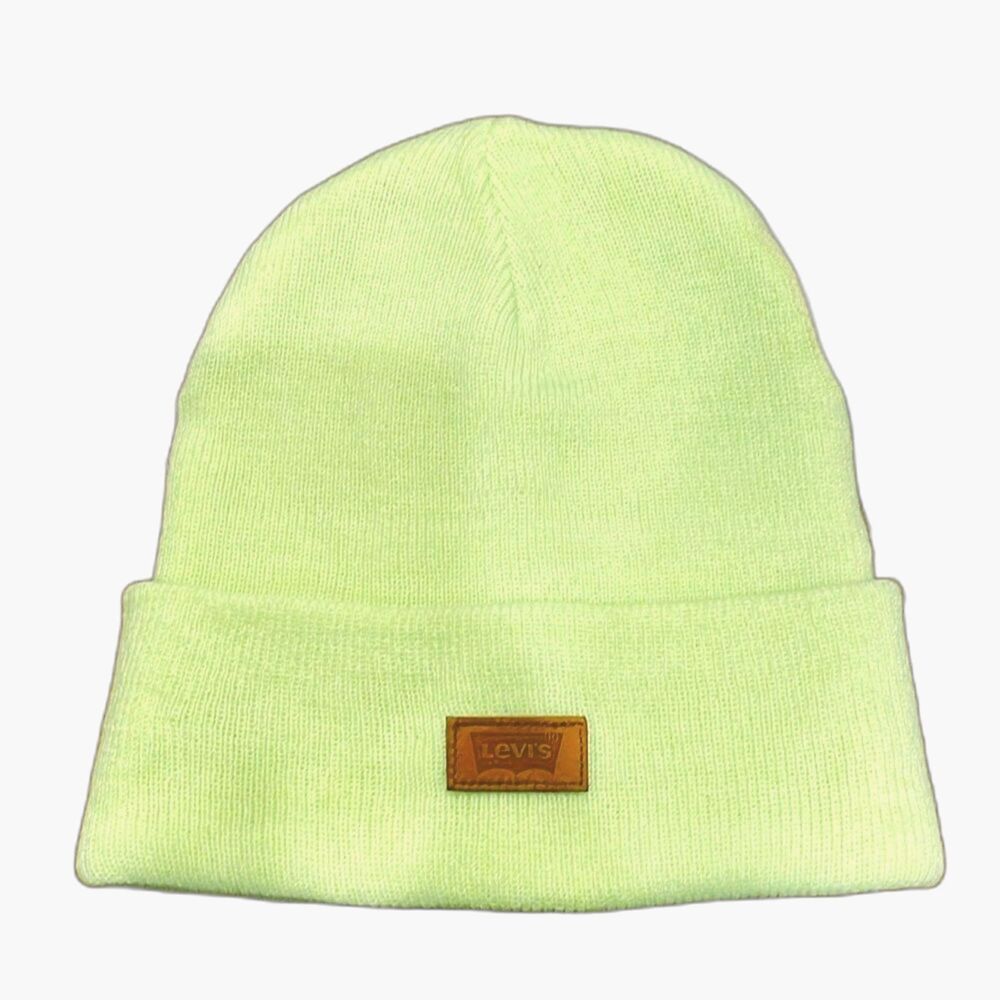Levi's Slouchy Neon Patched Logo Beanie | Y2K Skate Winter Cold | Yellow Green